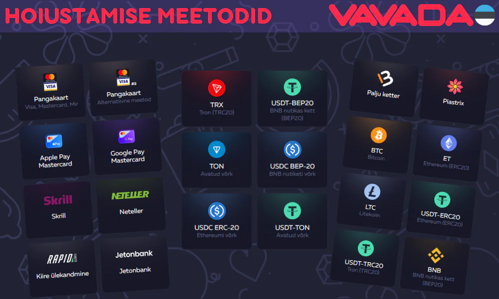Loetelu olemasolevatest viisidest Vavada konto täiendamiseks